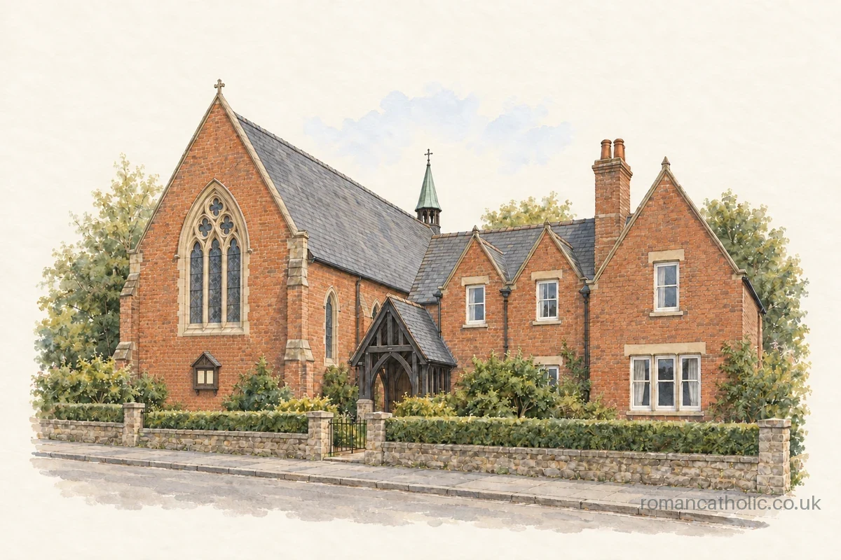 St Norbert in Crowle, a red-brick Gothic church with attached gabled priory and slender green spire.