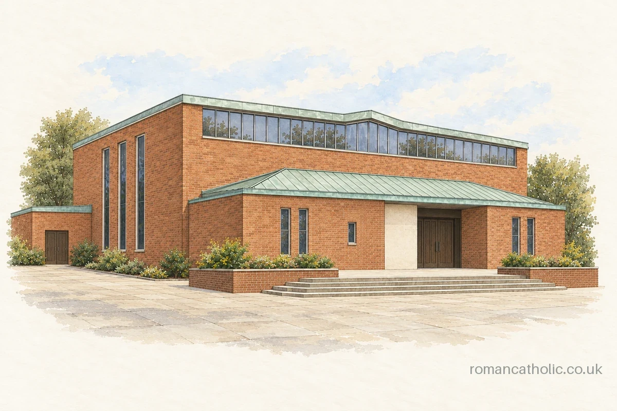 St Patrick New Cross, a modern brick church with green copper roofs and high clerestory glazing.