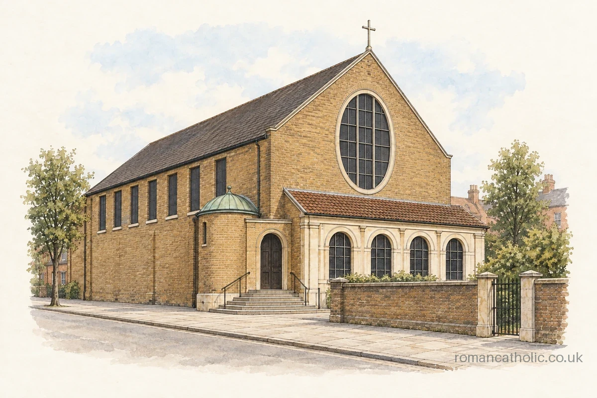 Illustration of St Patrick, Wapping, with a large oval window and round-arched entrance range.
