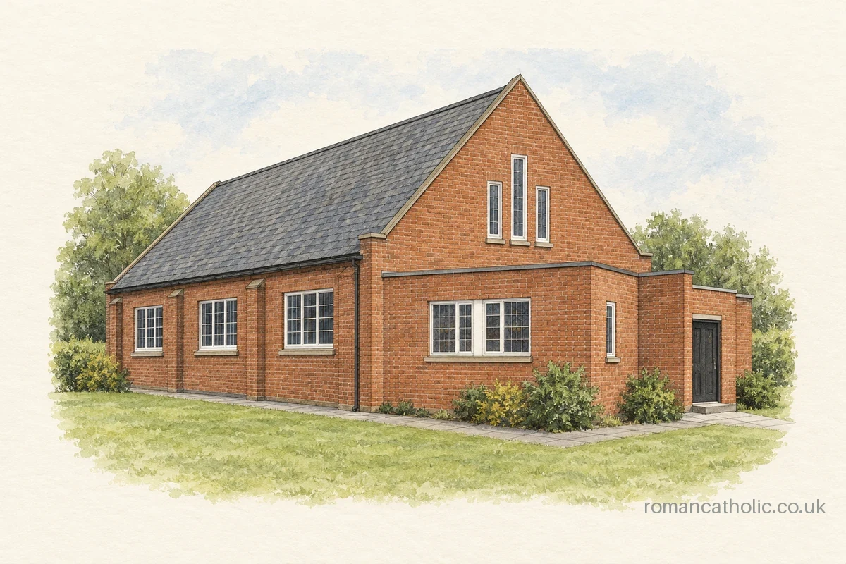 St Patrick in Packmoor, a modest brick chapel with steep roof and flat-roofed entrance addition.