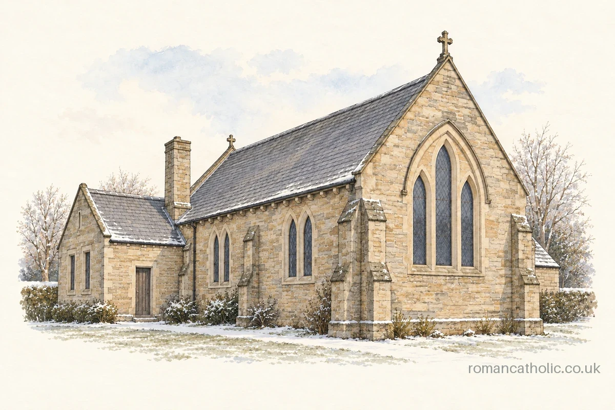 Illustration of St Patrick, Strathaven, with sandstone walls and three lancets in the gable.
