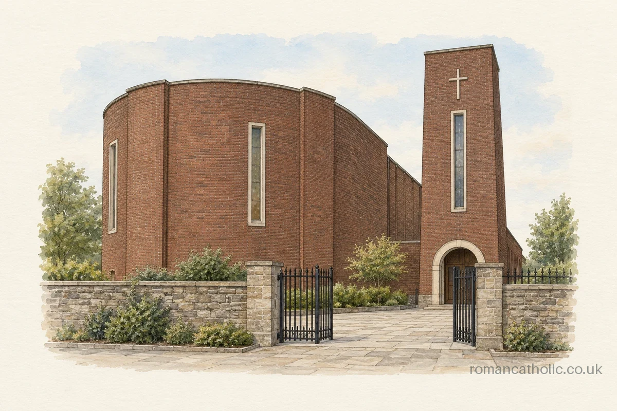 St Patrick at Sheffield Lane Top, with a curved brick apse and narrow flat-topped entrance tower.