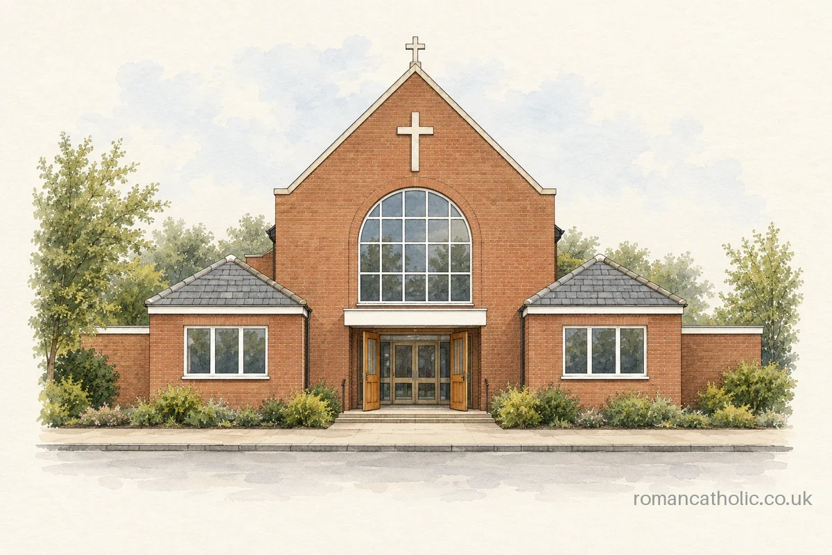 Illustration of St Patrick, Hendon West, with a central red brick gable and twin hipped side pavilions.