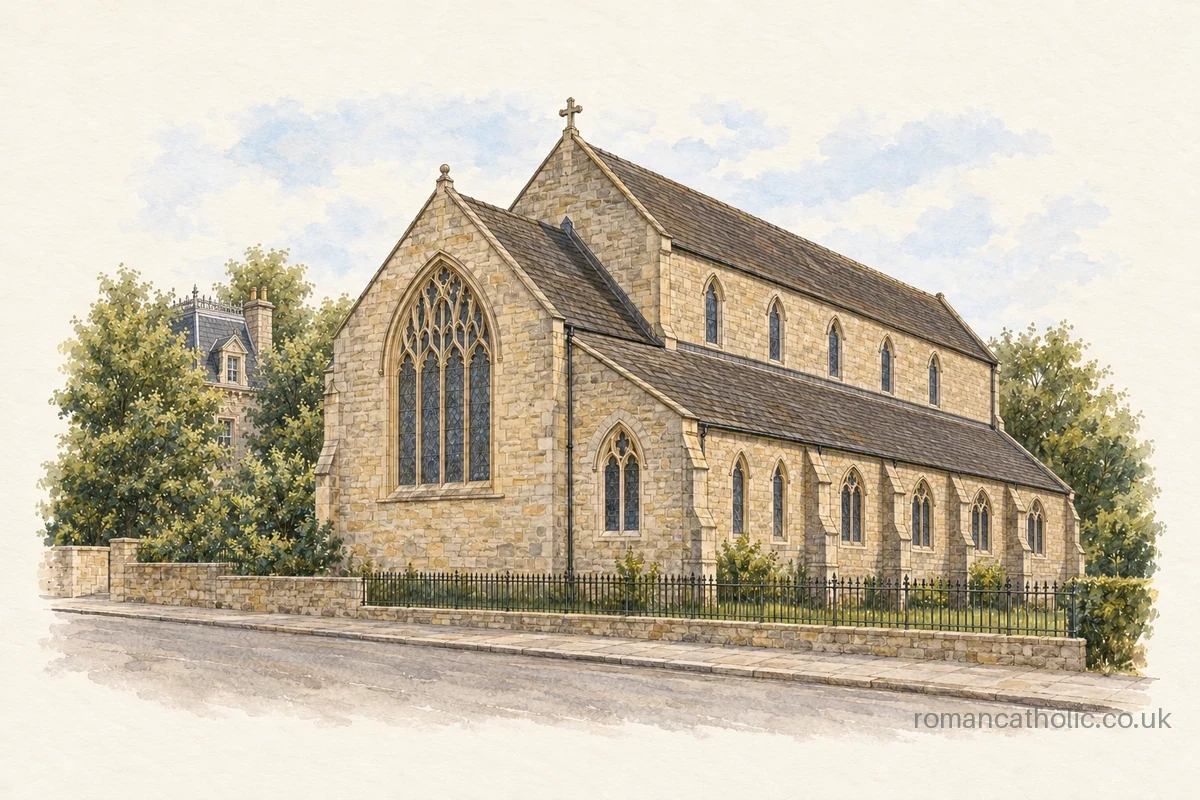 Stone Gothic church with a large west window and a long buttressed side aisle.