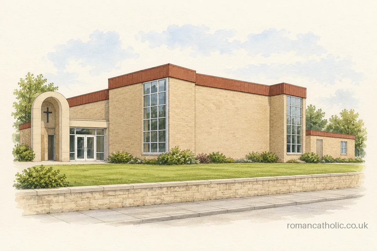 St Paul in Cantley, a modern buff-brick church with stepped red fascia and arched entrance feature.