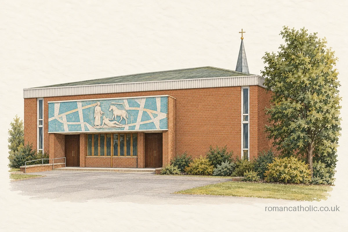 Illustration of St Paul, Cramlington, with a turquoise entrance mosaic and slender cross-topped spire.