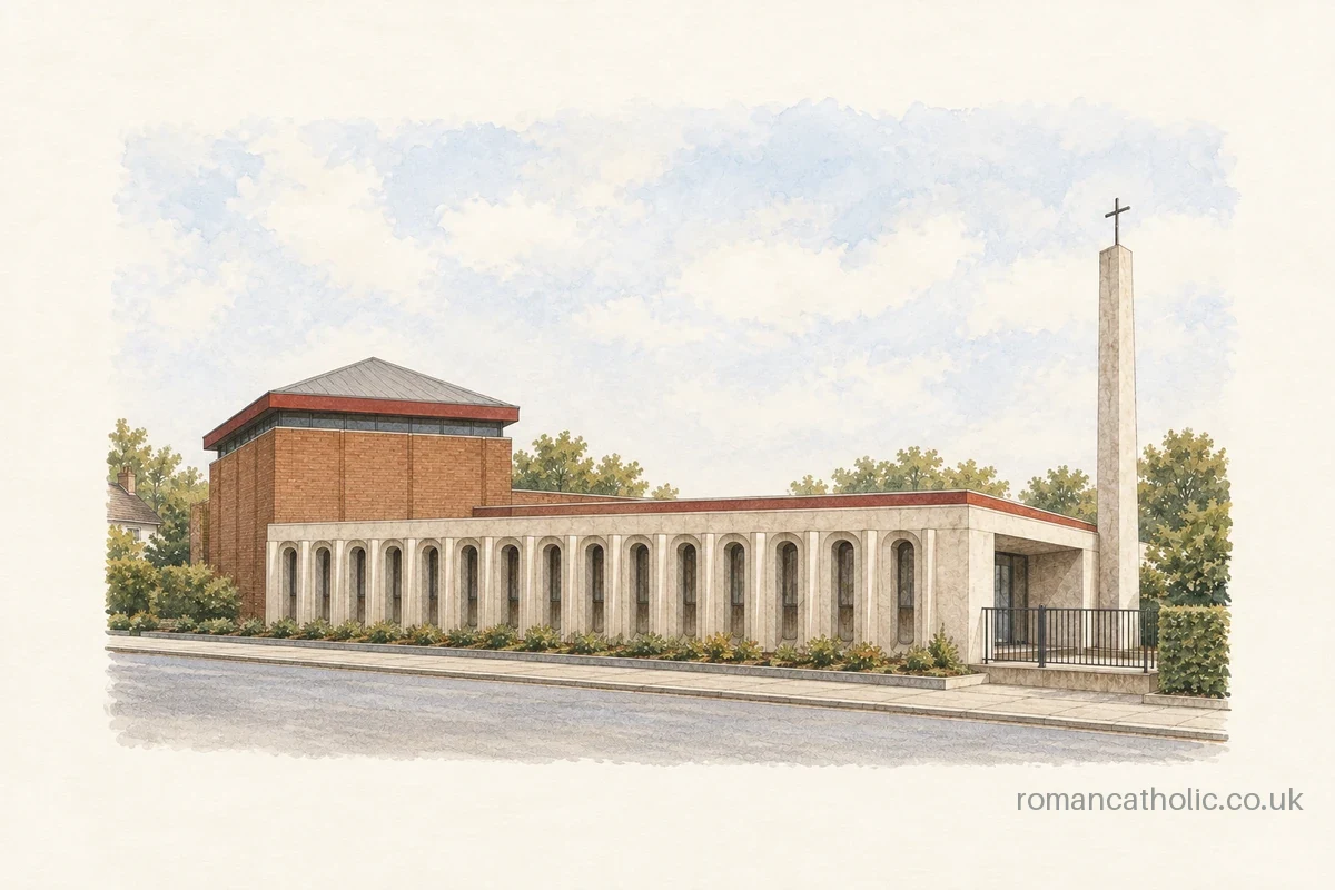 Illustration of St Paul the Apostle, Wood Green, with an arched concrete frontage and tall cross mast.