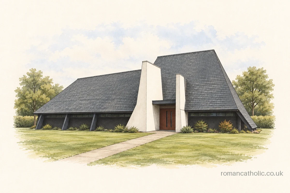 St Paul Yate, an A-frame church with a steep slate roof and white angular entrance fins.