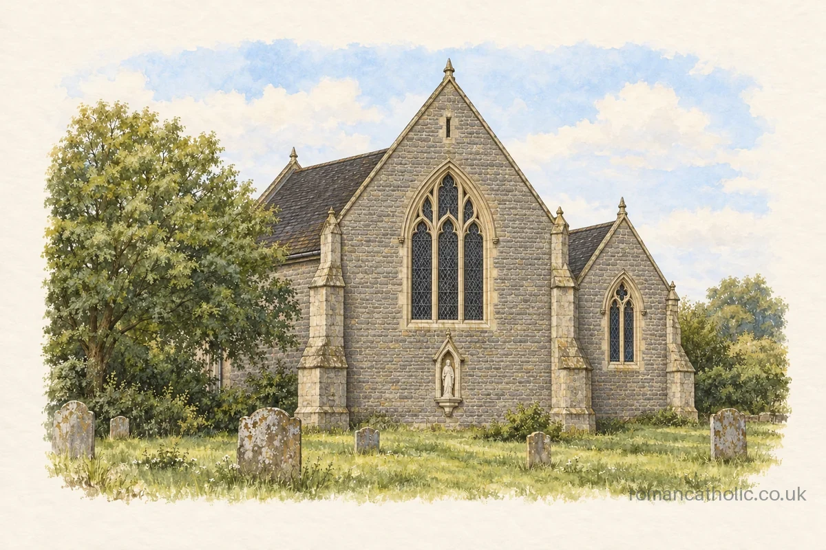 Stone Gothic east end of St Peter, St Paul and St Elizabeth at Coughton, above its churchyard.