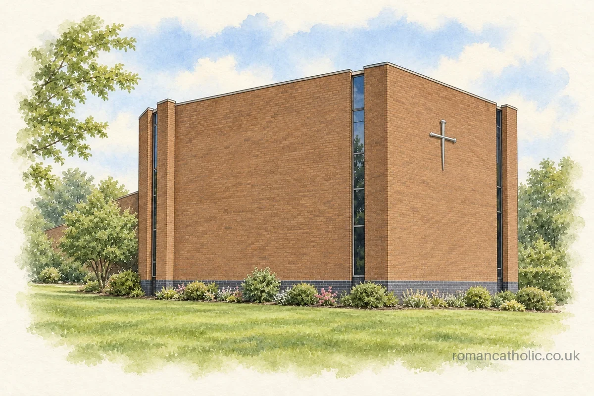 St Peter Bartley Green, a plain faceted brick sanctuary with narrow vertical glazing.