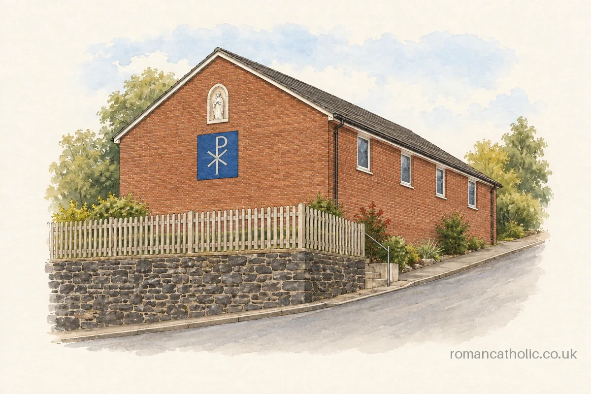 St Peter’s in Bude, a red-brick chapel above a stone retaining wall.