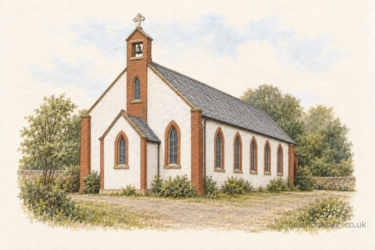 Illustration of St Peter, Landore, with white walls, red-brick window surrounds and a small bellcote.