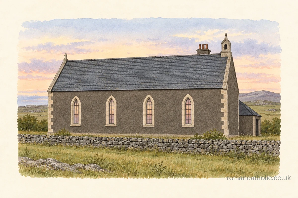 Illustration of St Peter, Daliburgh, with four lancet windows and a small gable bellcote.