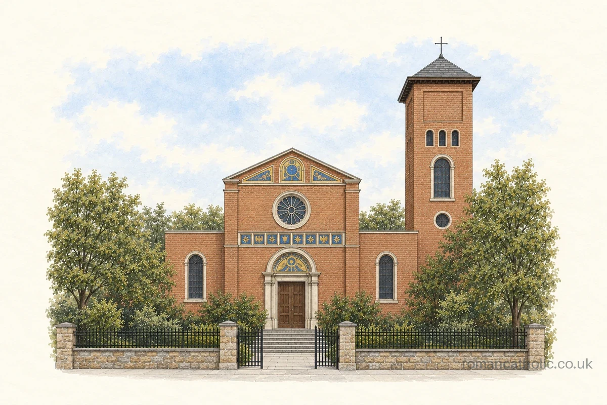 Brick church with mosaic panels, a rose window and a tall square tower capped by a pyramidal roof.