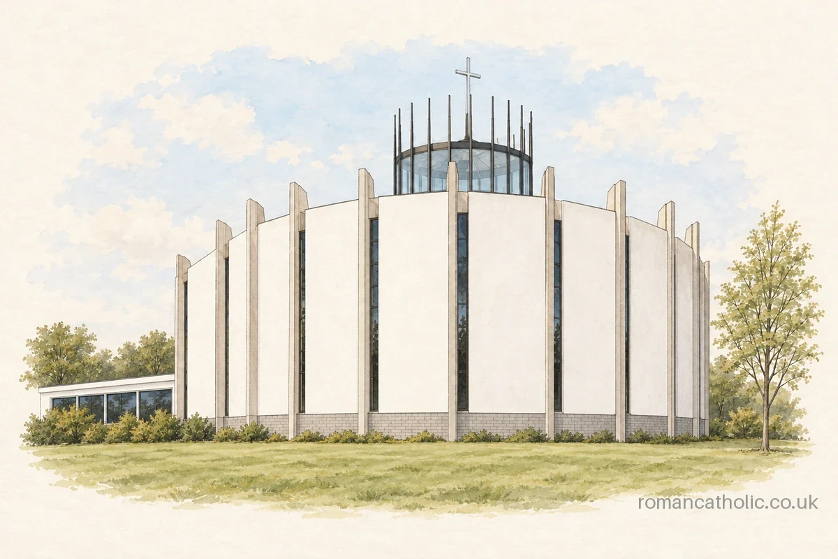 St Peter’s church in Crownhill with white polygonal walls and crown-like glazed lantern.