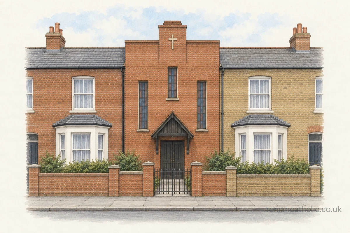 SS Peter and John Fisher in Withernsea, a narrow brick chapel between terraced houses.