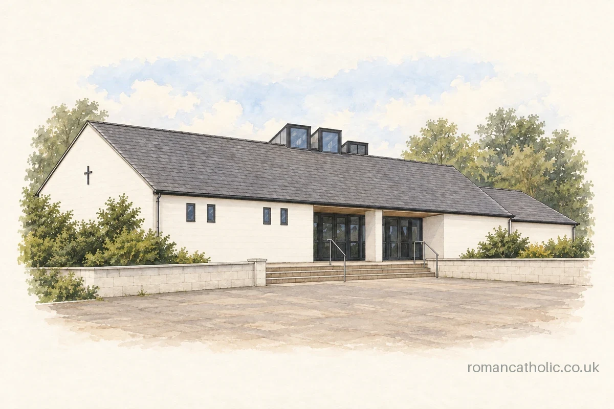 Illustration of St Peter, West Swindon, with its long pitched roof and grouped rooflights.