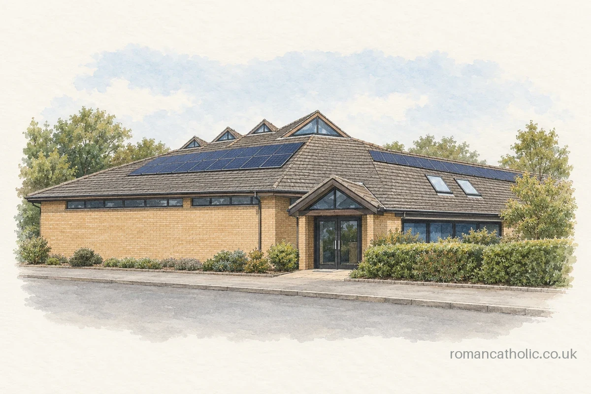 St Pius X in Withywood with low tiled roofs, triangular rooflights and solar panels.