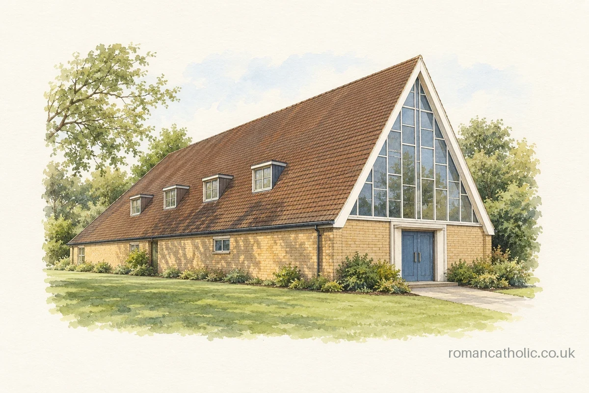 St Pius X in Norbiton, with a steep tiled roof and triangular glazed front.