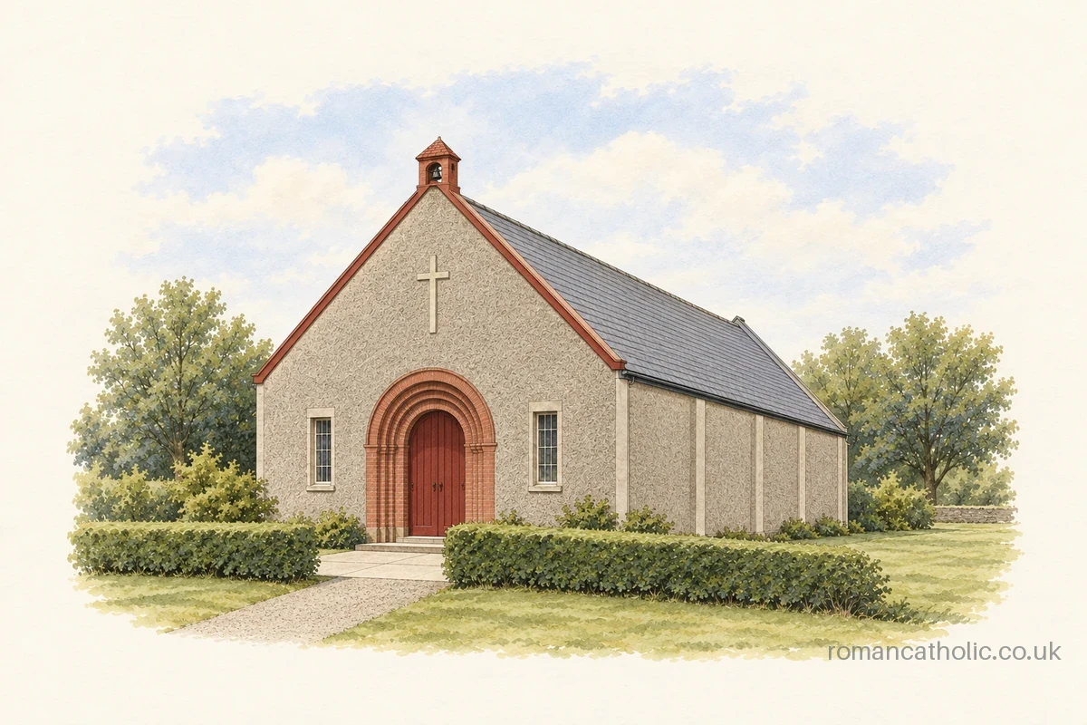 Illustration of St Serf in High Valleyfield, a grey chapel with a red arched entrance, pale wall cross and small ridge bellcote.