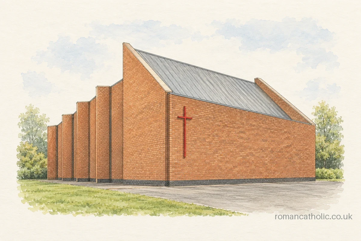 Illustration of St Stephen in Coatbridge, with stepped brick walls, a grey roof and red wall cross.