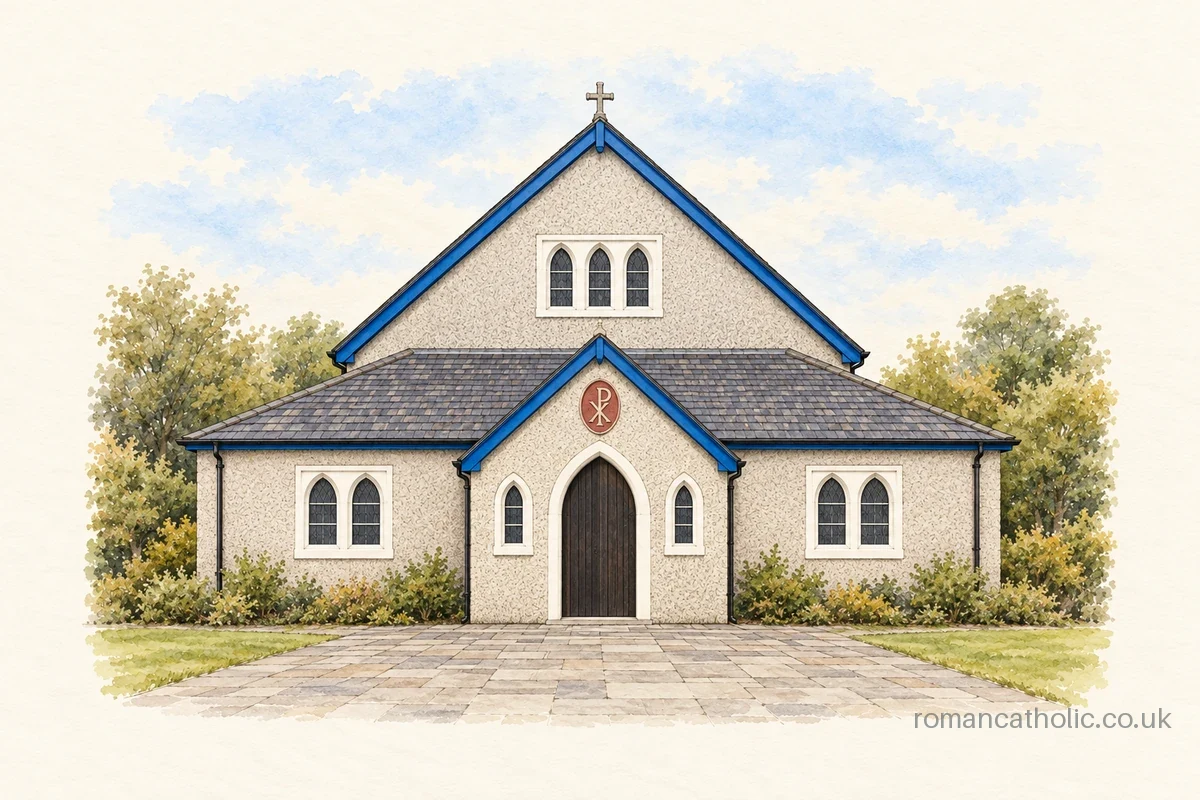 Illustration of St Stephen, Welling, with blue-edged gables and a pointed entrance porch.