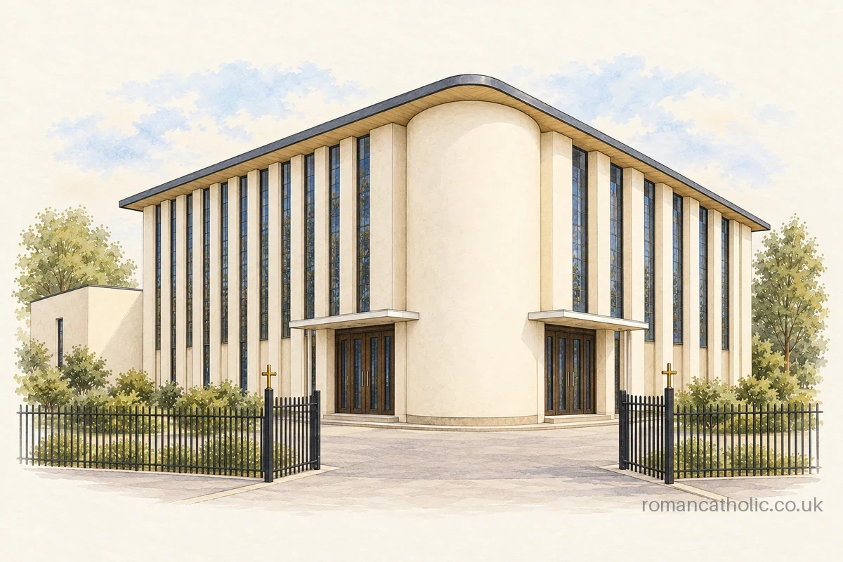 Illustration of St Teilo, Cardiff, with cream walls, tall vertical windows and a rounded central corner.