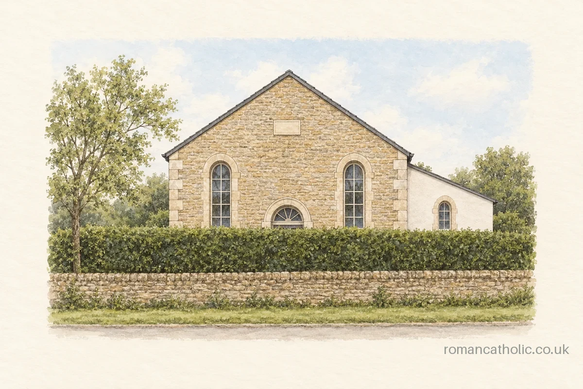 St Teresa of Lisieux Charlbury, a small stone chapel behind a hedge.