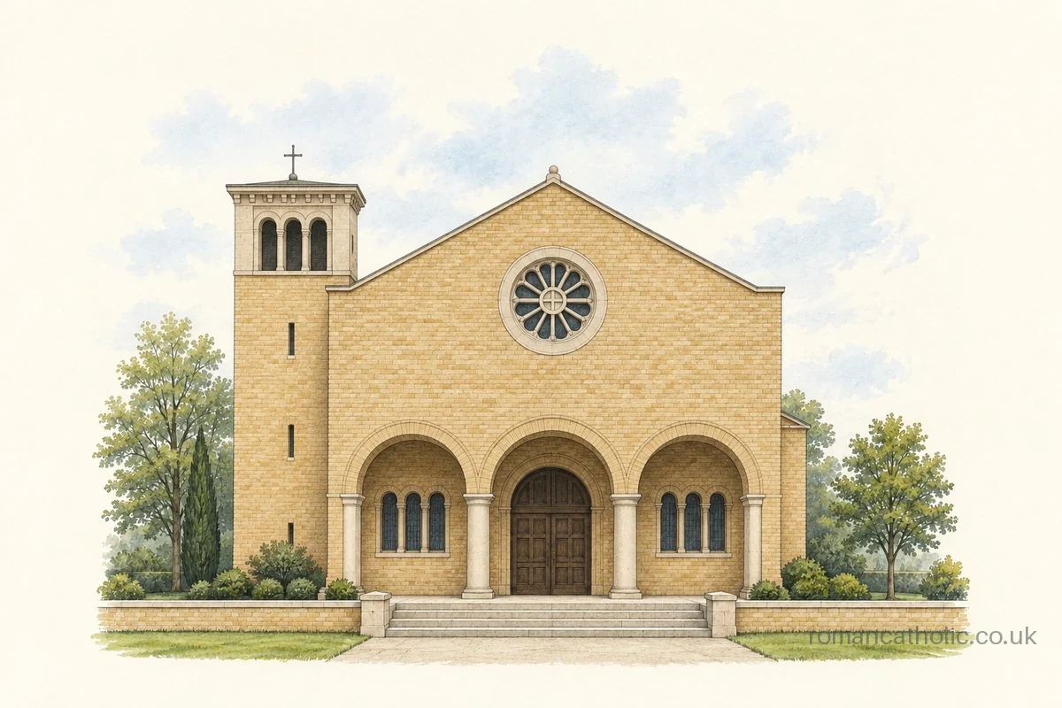Pale brick St Teresa church in Filton with three entrance arches and short square bell tower.