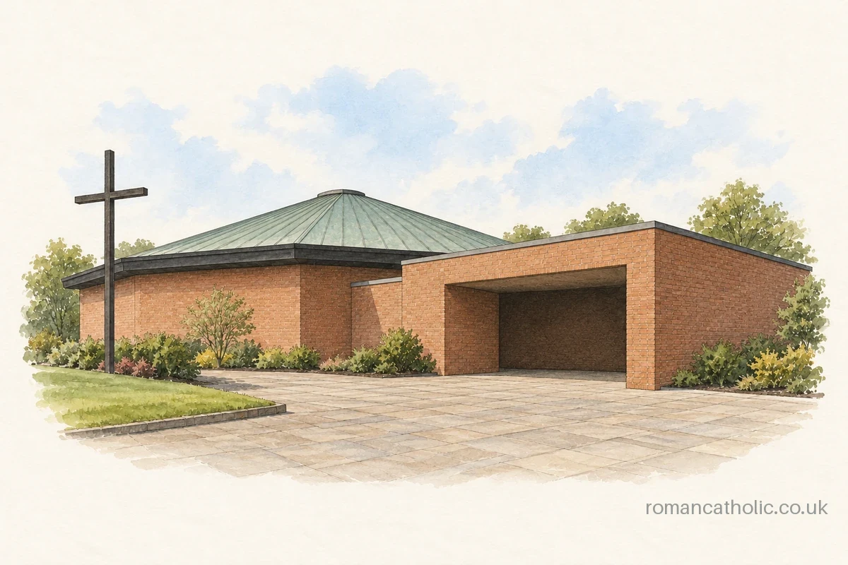 St Teresa church in Rochford with its broad green roof and brick entrance range.