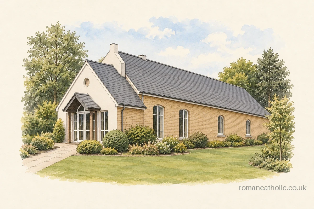 St Therese of Lisieux in Langdon Hills, with grey pitched roofs and a garden entrance.