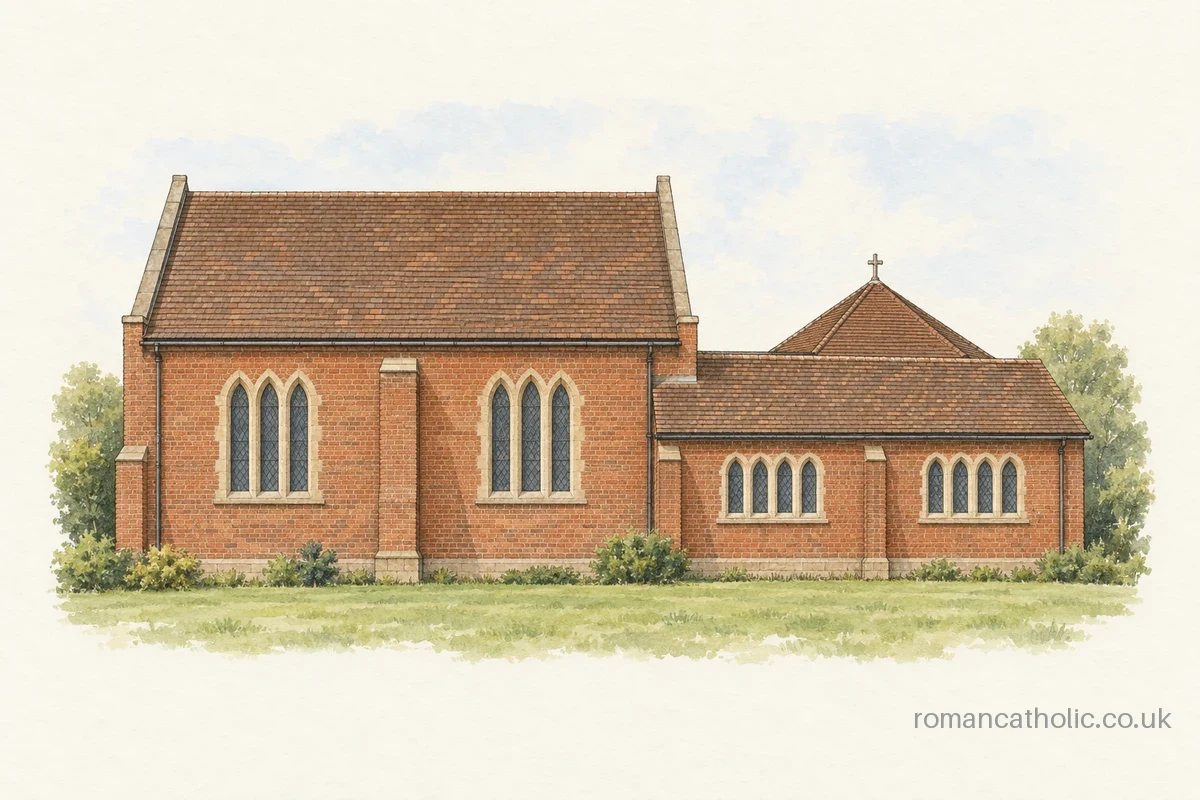 Watercolour and ink side view of St Thomas Aquinas in Fenny Stratford, with red brick walls, grouped narrow windows and steep brown tiled roofs.