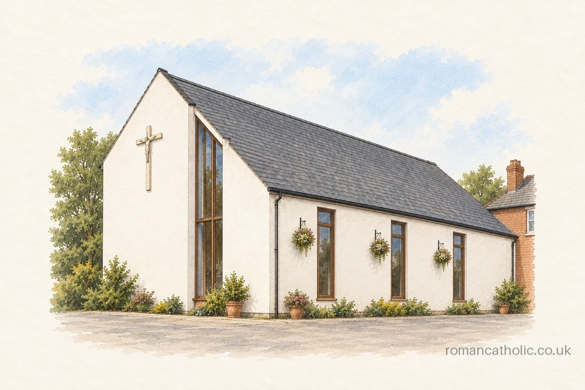 St Thomas Becket in Tarporley with white walls, steep slate roof and wall crucifix.