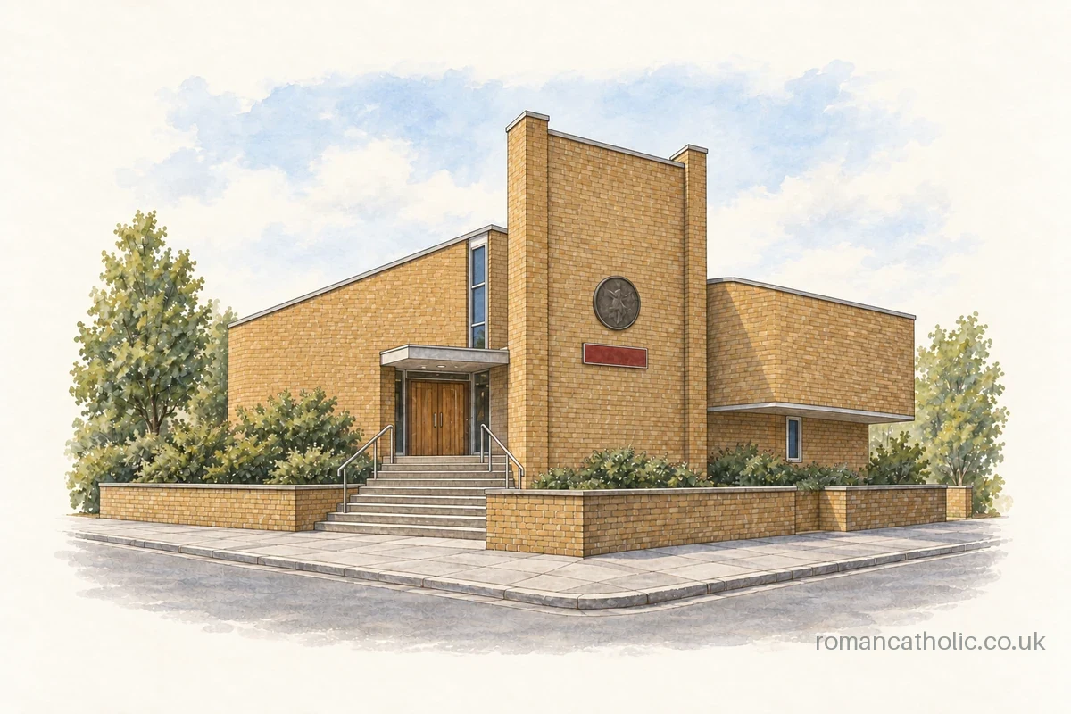 Illustration of St Thomas More, Manor House, with angular brick walls and a stepped entrance.