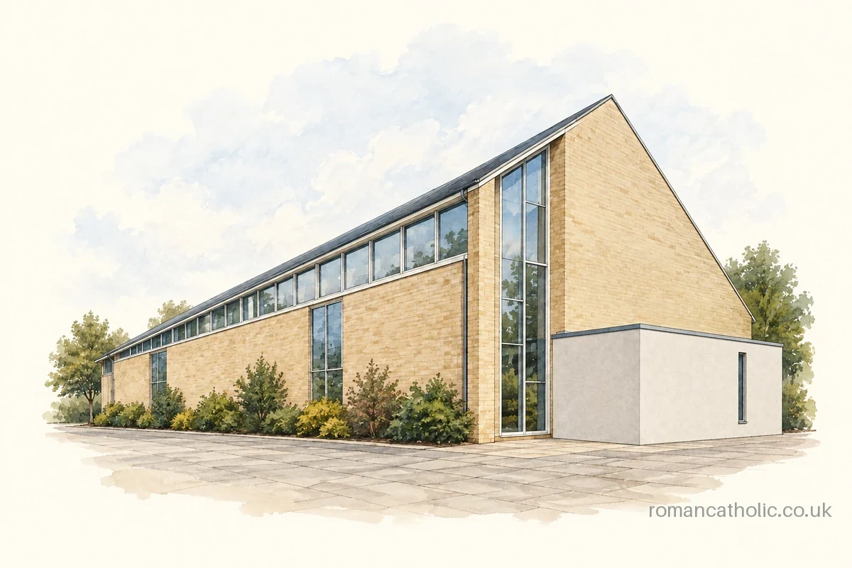 St Thomas More in Hadleigh, with its tall sloping brick wall and high glazing.