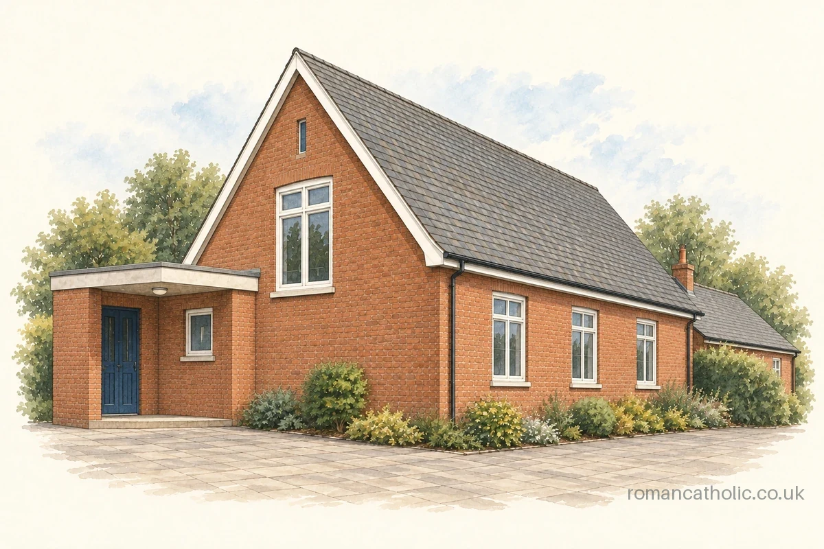 St Thomas More in Harleston, a red-brick chapel with a steep roof and blue entrance door.