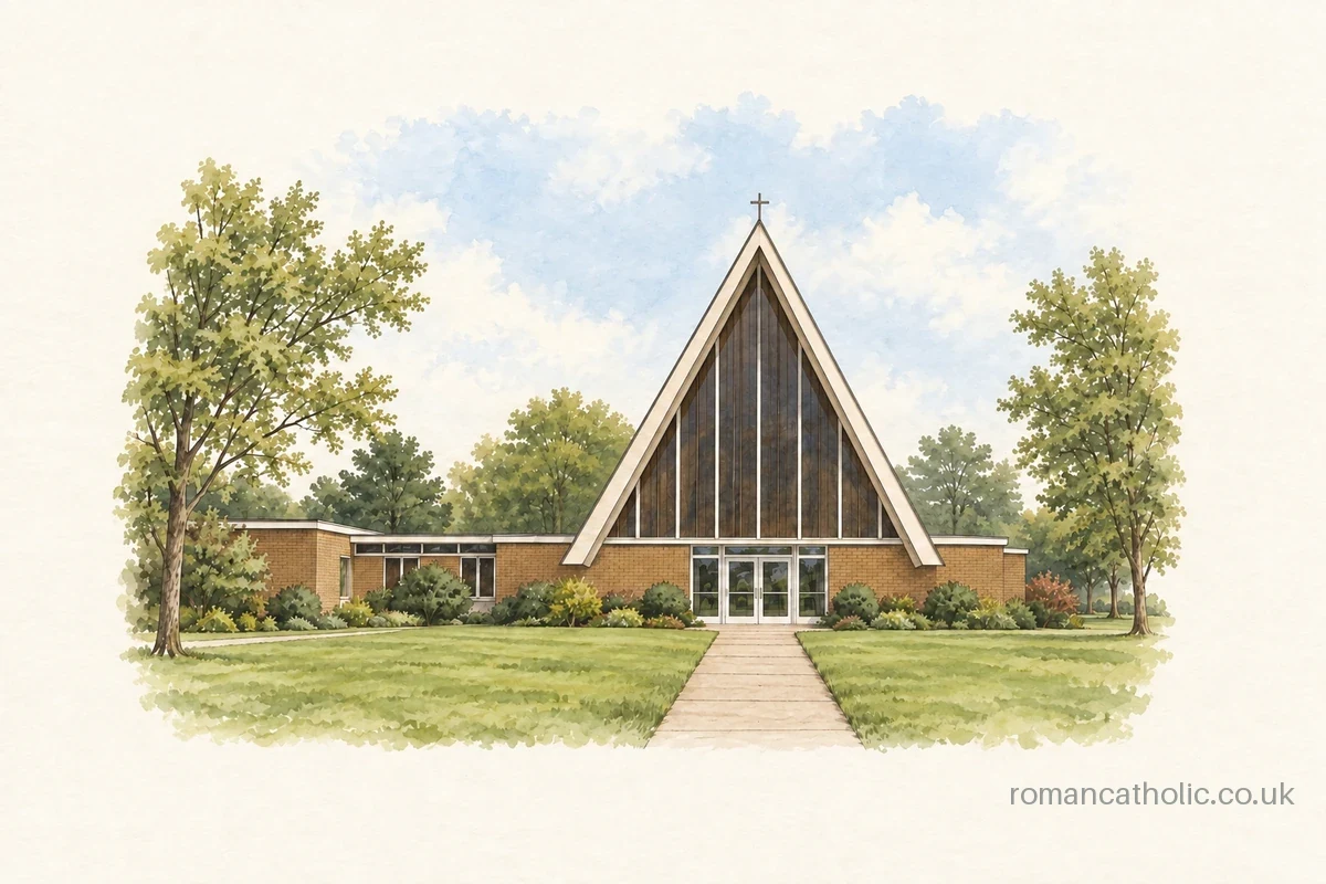 St Thomas More in Harlow, with its tall triangular front above a lawn.