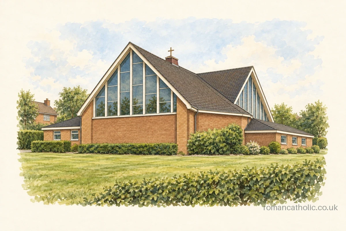 Modern brick church with tall triangular glazed gables and a small central cross.