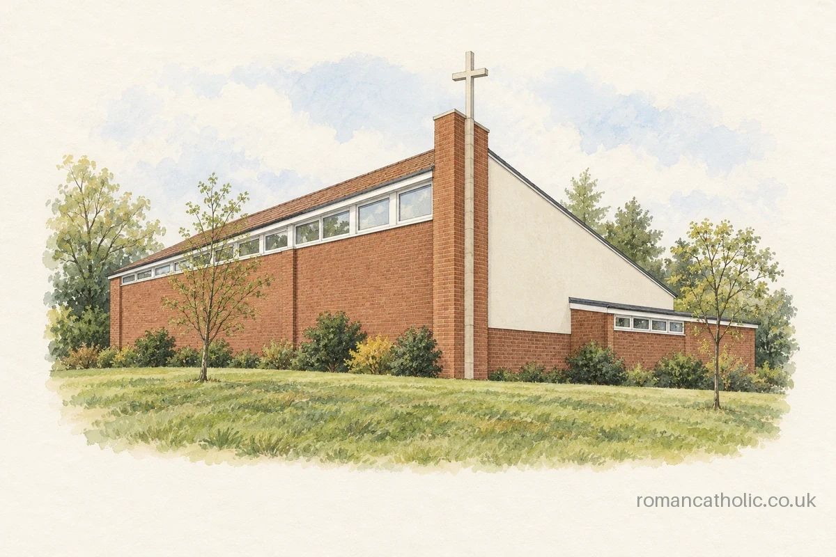 St Thomas More in Southway with sloping roof and tall brick cross pier.