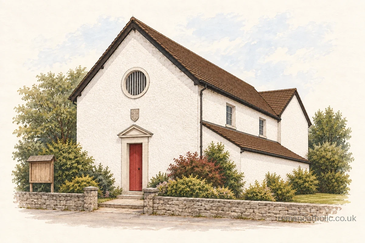 St Thomas of Canterbury and the English Martyrs, Royston, with its white gable and red door.