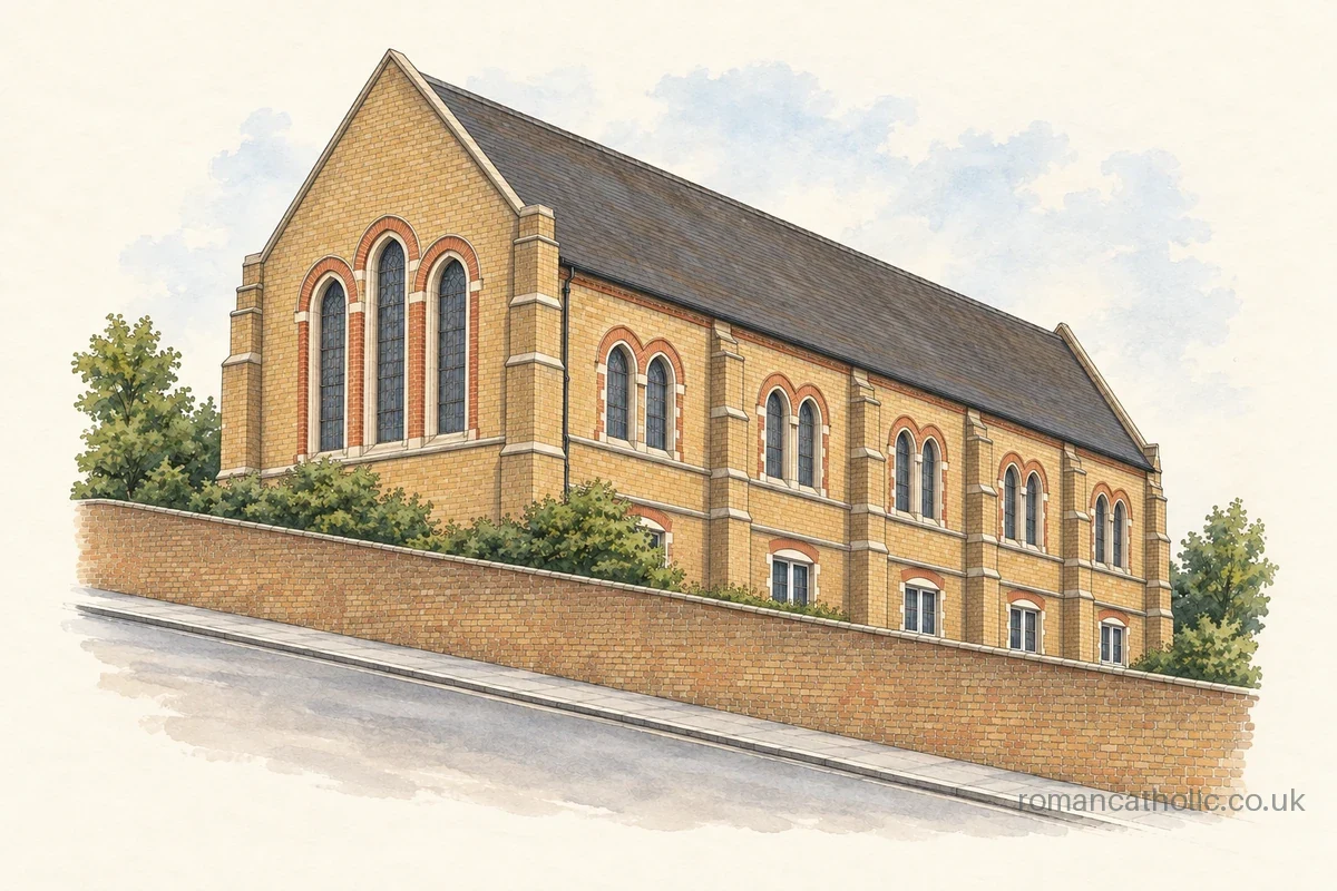 St Thomas of Canterbury in Grays, rising above its street-side brick wall.