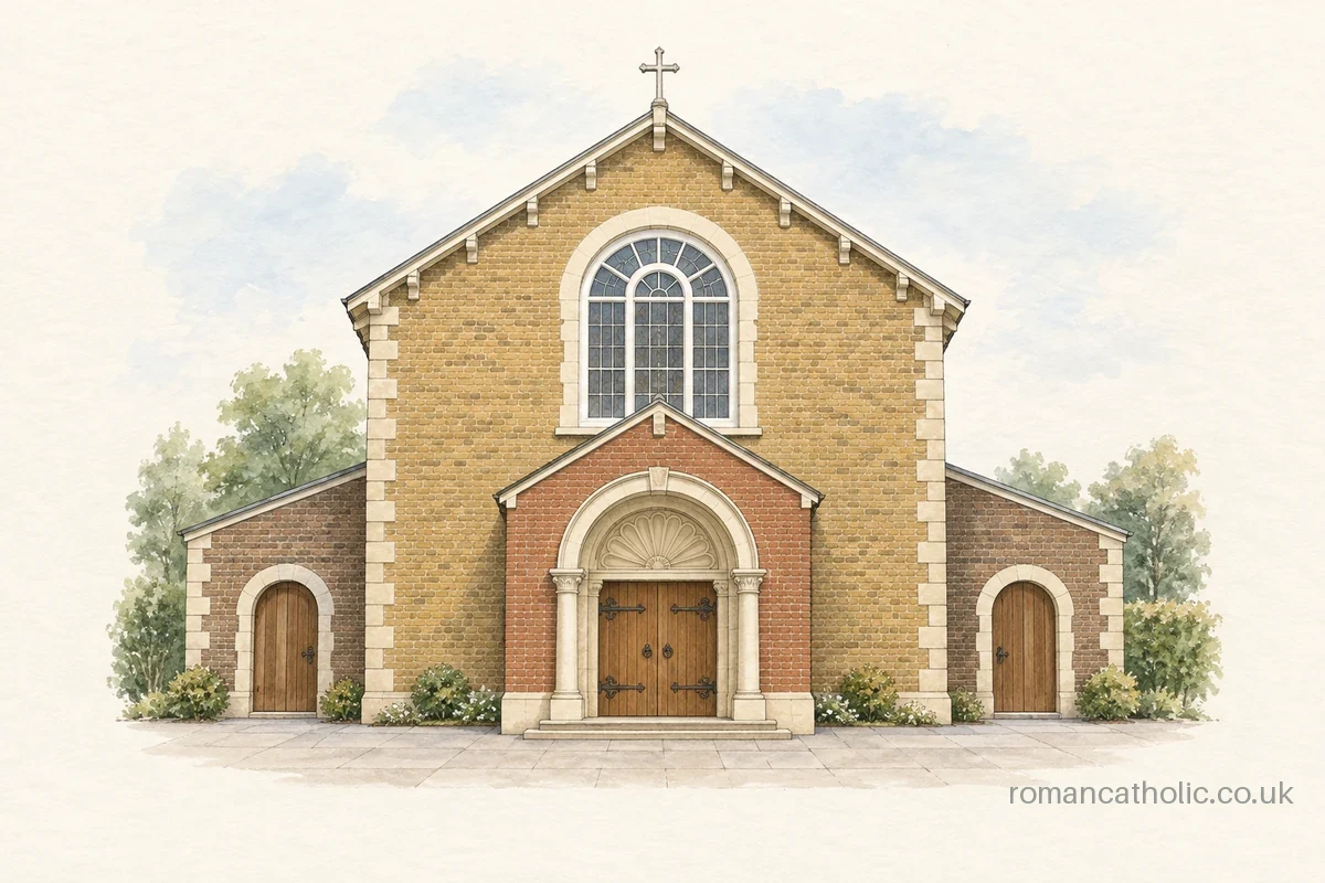 Illustration of St William of York, Forest Hill, with a round-headed window and columned entrance.