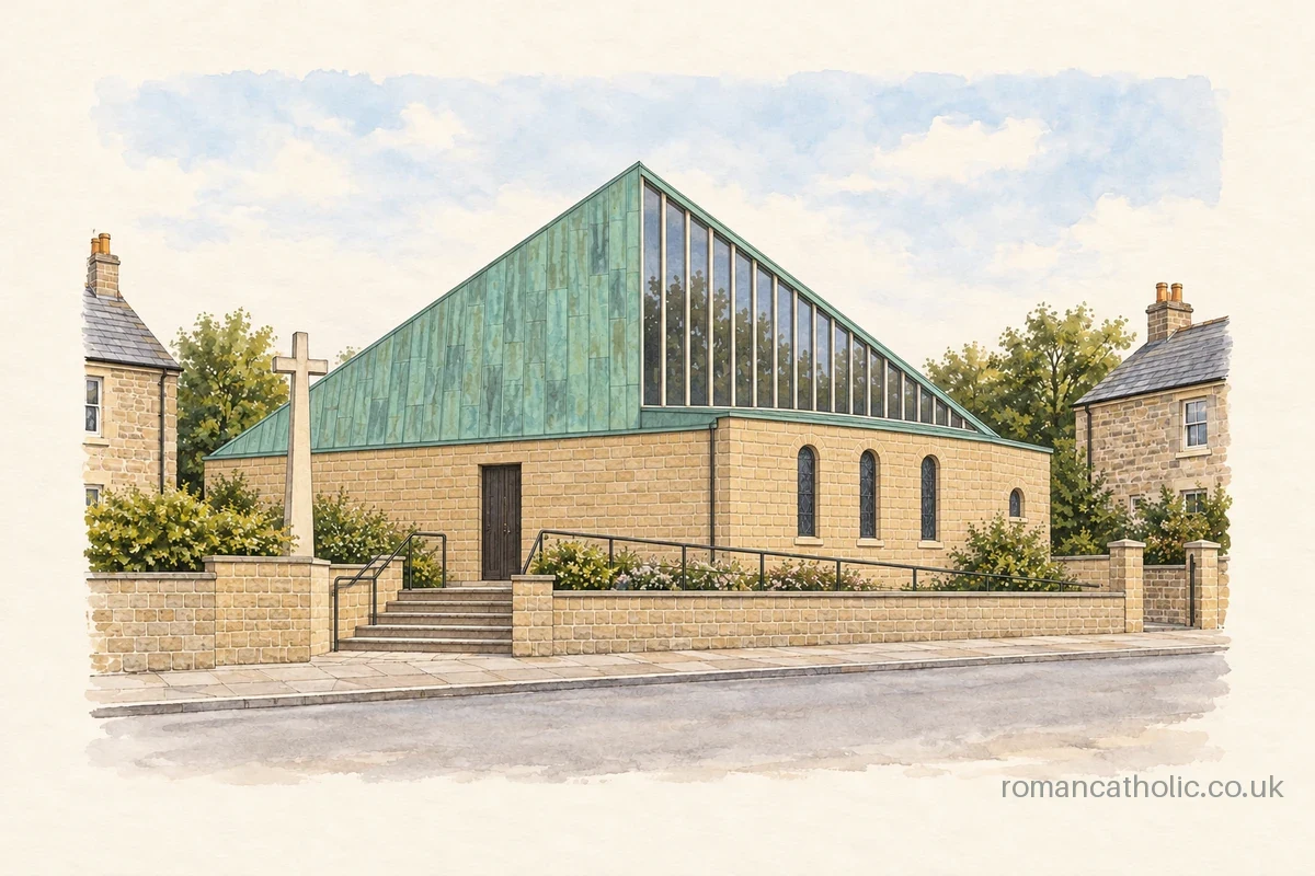 St William of York in Sheffield, with an angular green copper roof and tall plain stone cross.