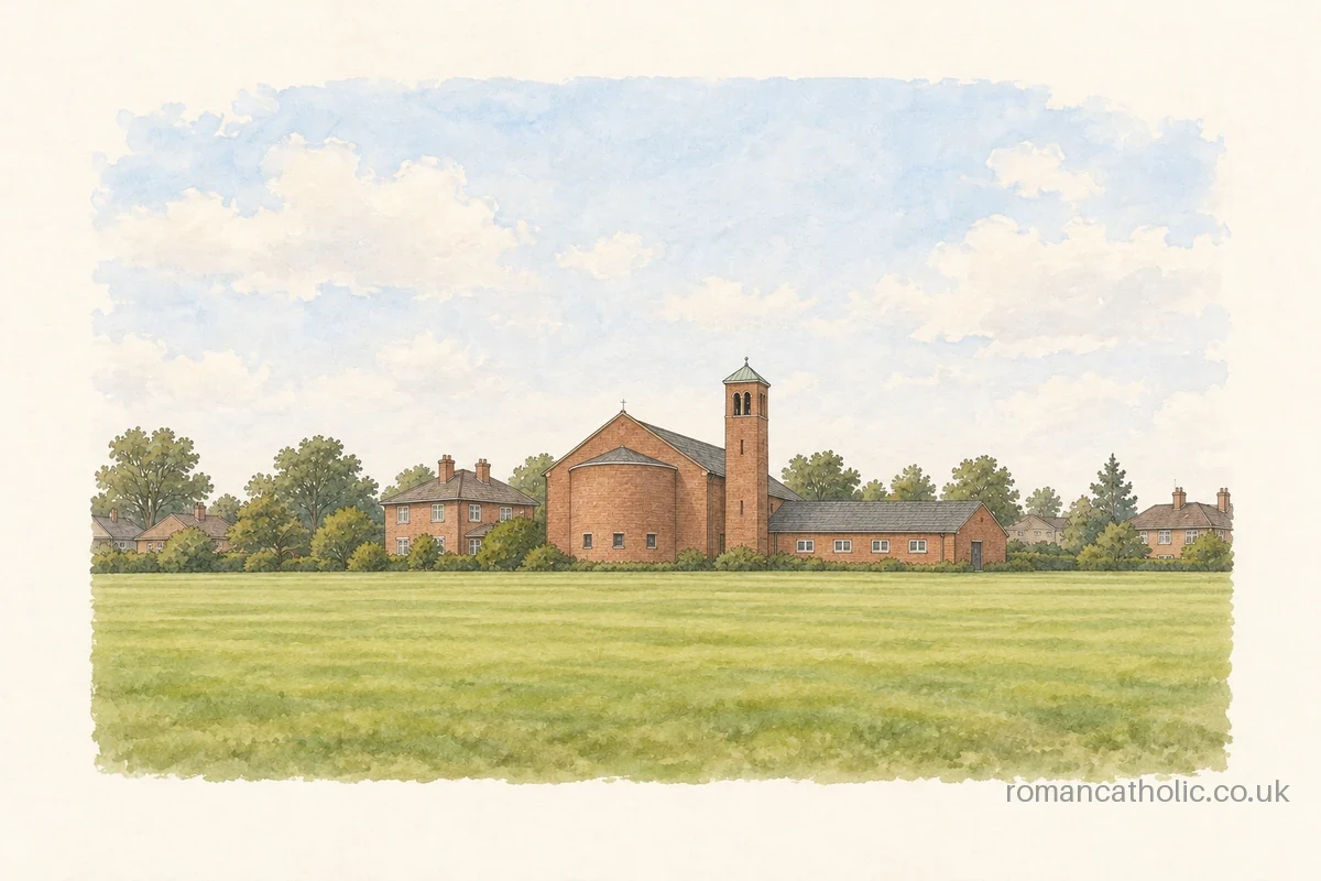Red brick church with a rounded blank apse and slender bell tower seen across a playing field.