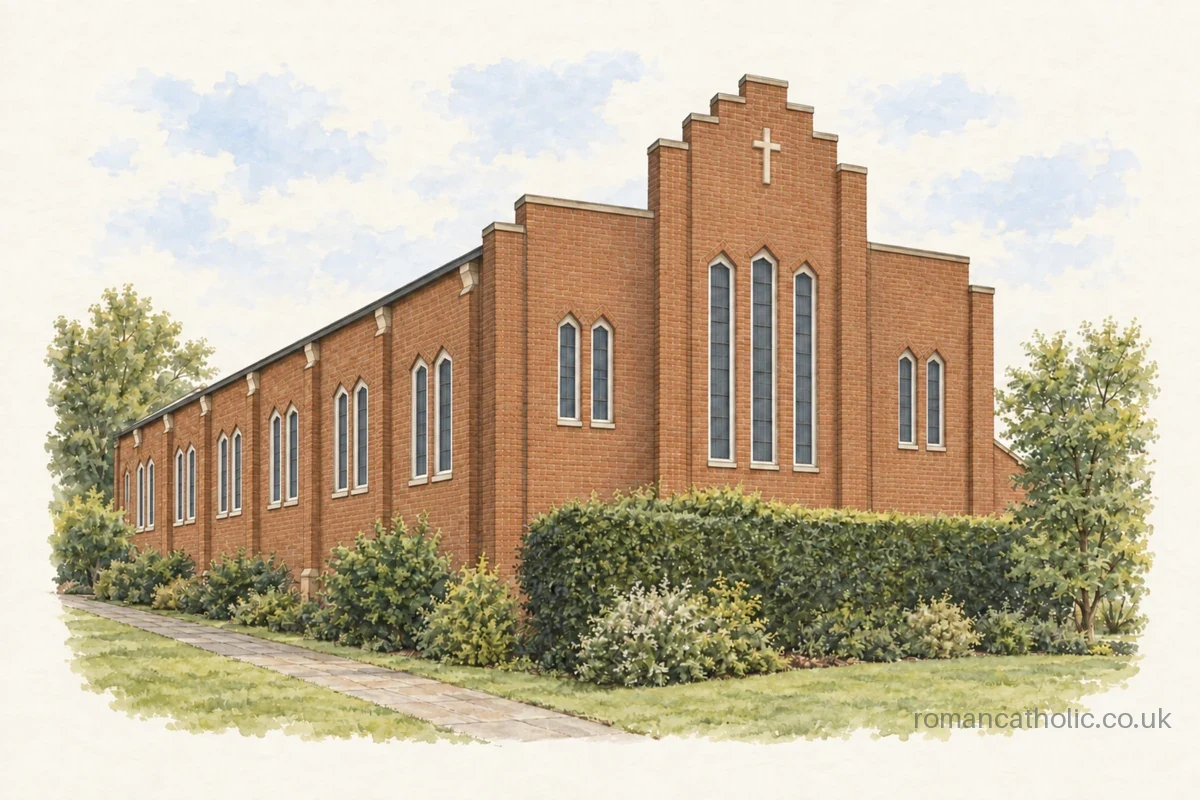 Red brick church with a stepped front parapet, wall cross and long rows of narrow windows.