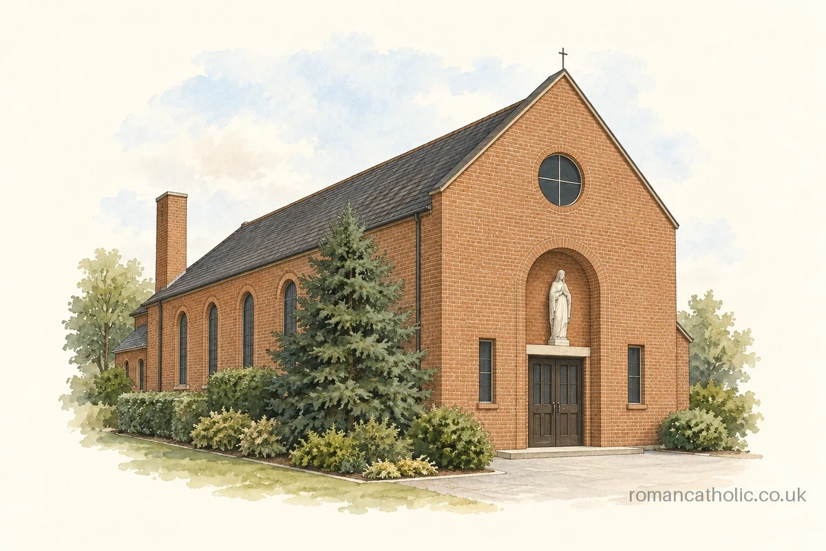 Illustration of The Assumption, Hainault, with its round front window and arched statue niche.