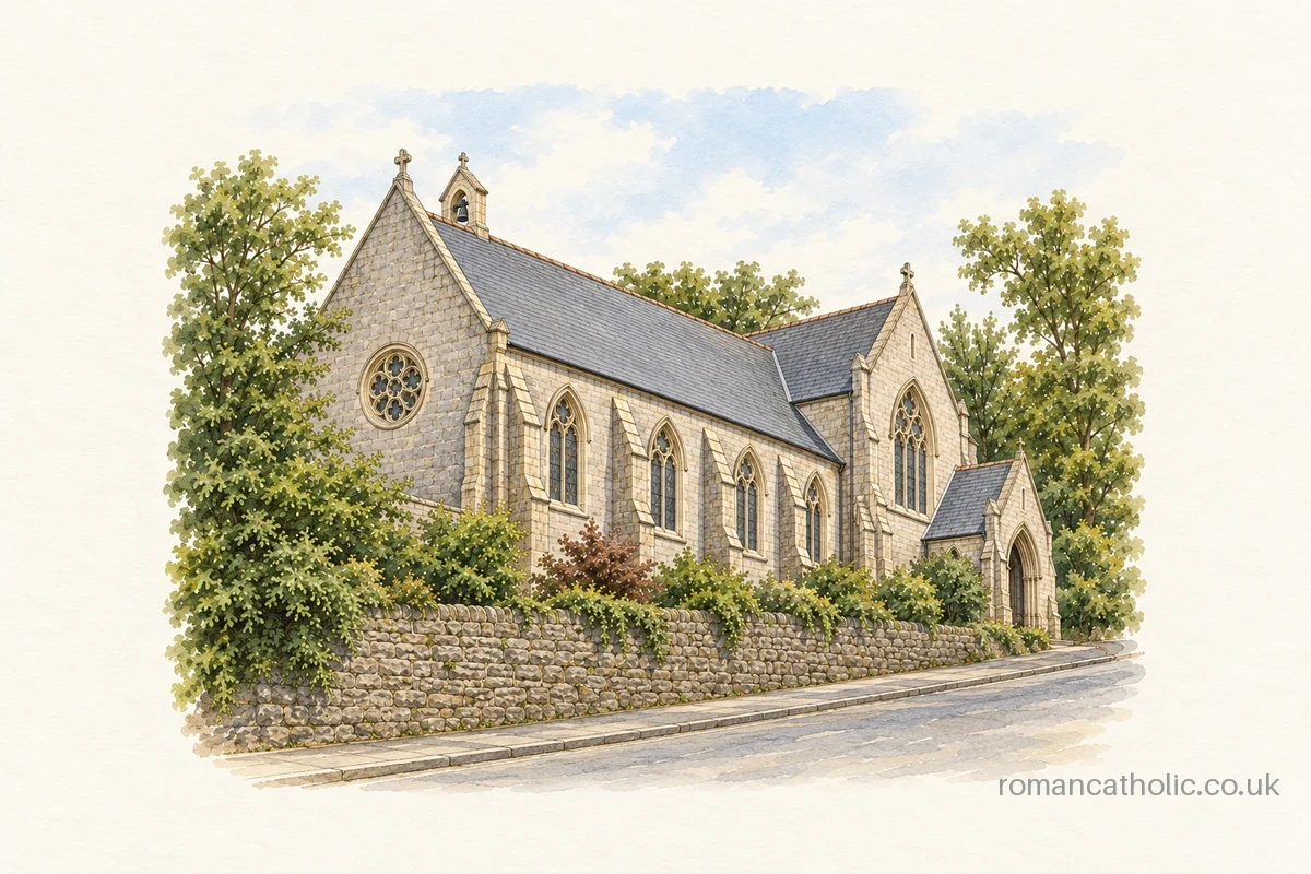 The Assumption of Our Lady in Torquay with stone Gothic gables and small bellcote.