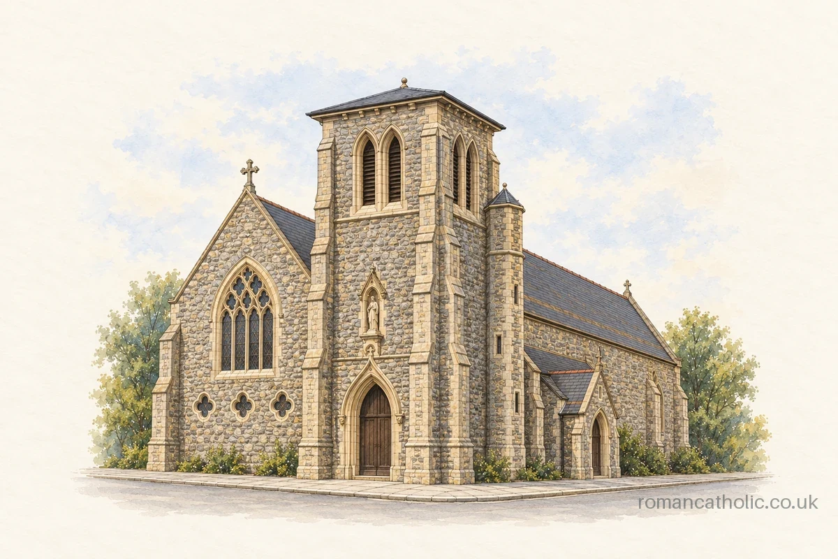 The Holy Child and St Joseph church in Bedford, with a square stone tower and shallow cap.
