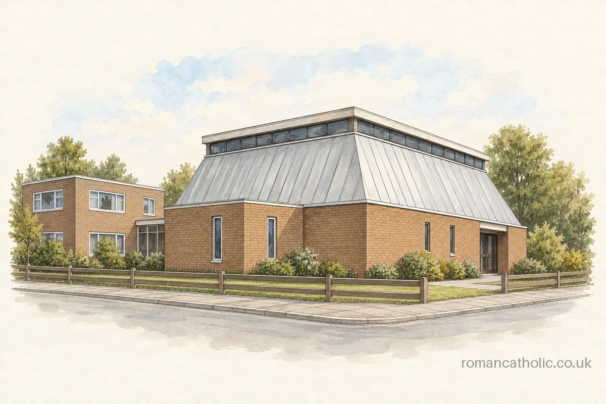 Illustration of Holy Family, Acton West, with sloping metal walls beneath a raised clerestory.