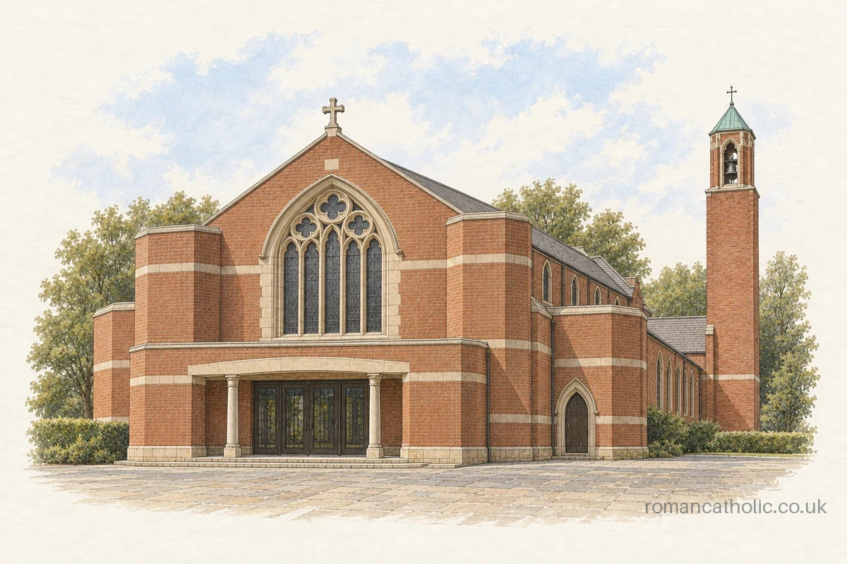 Red-brick Olton Friary church with a large Gothic front window and slender copper-capped campanile.